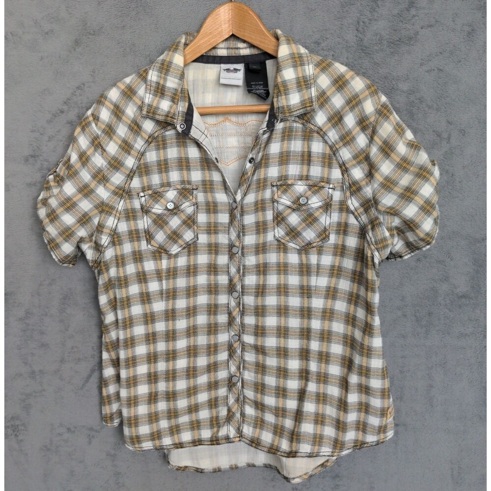 Y2K Harley Davidson Shirt Women's XL Back Graphic Multi Plaid Snap Up Pockets